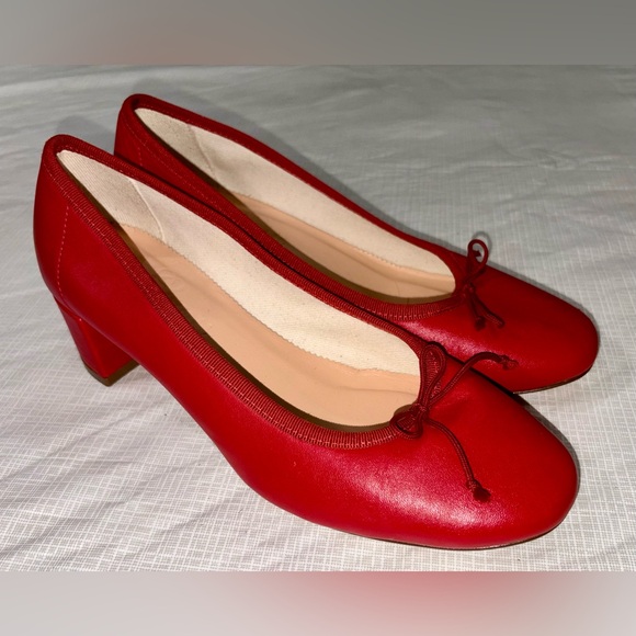 J. Crew Sz 8.5 Red Leather Low 1 3/4” Heel Ballet Pumps with Bow - Picture 2 of 9